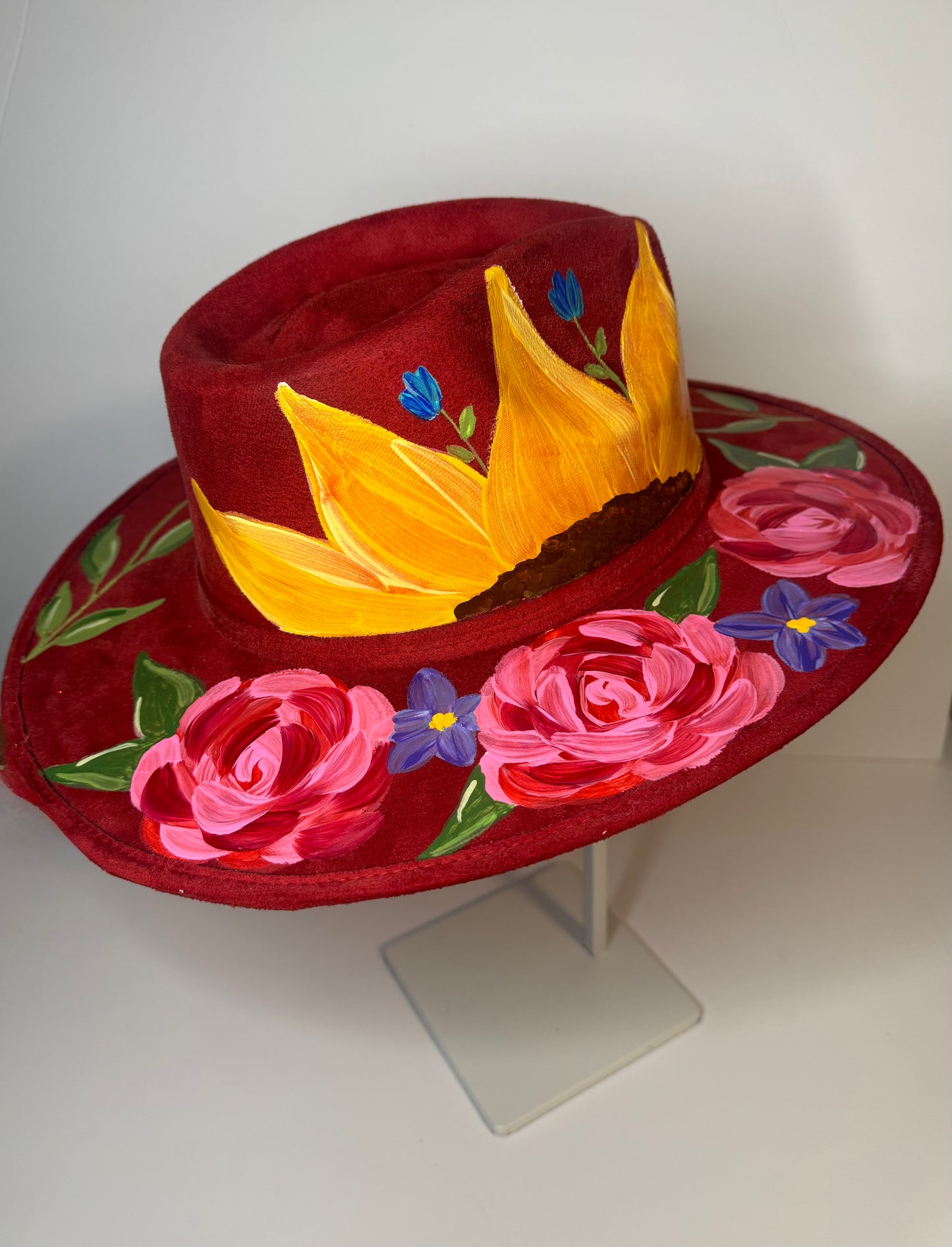 Hand-painted Faux Suede hat: Red, Large