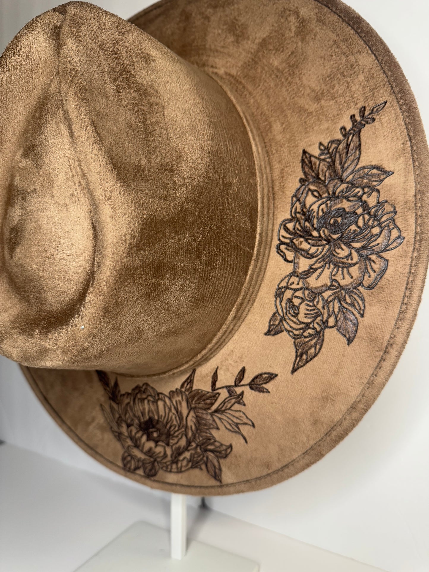 Hand Burned Faux Suede hat: Brown, Large