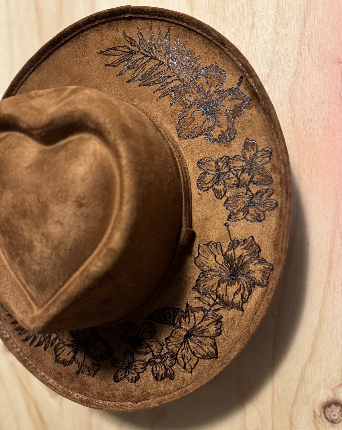 Hand Burned Faux Suede hat: Tobacco, Medium