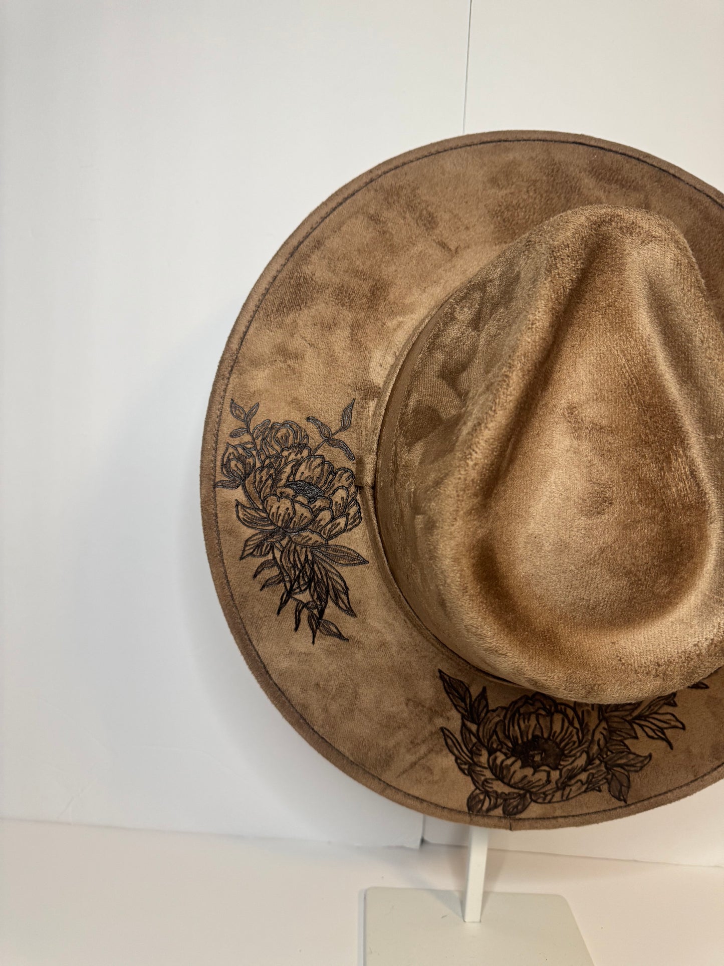 Hand Burned Faux Suede hat: Brown, Large