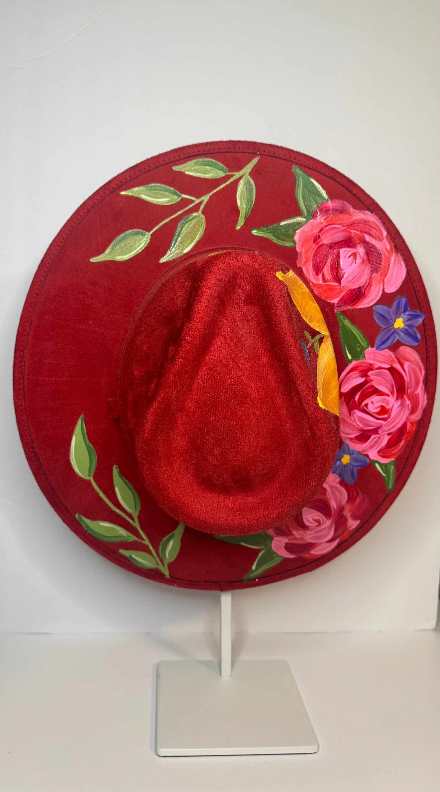 Hand-painted Faux Suede hat: Red, Large