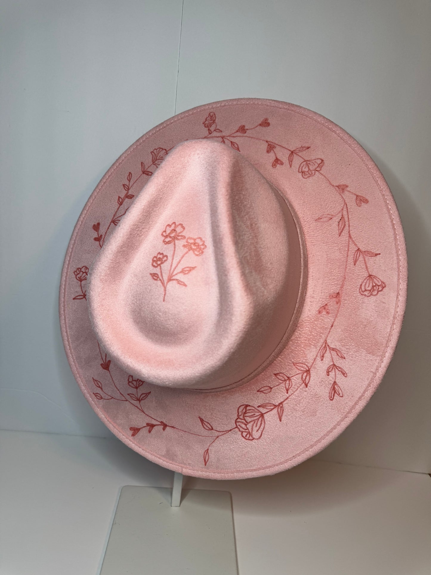 Hand Burned Faux Suede hat: pink, Large