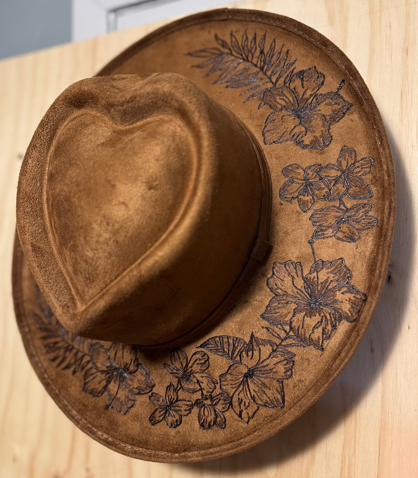 Hand Burned Faux Suede hat: Tobacco, Medium