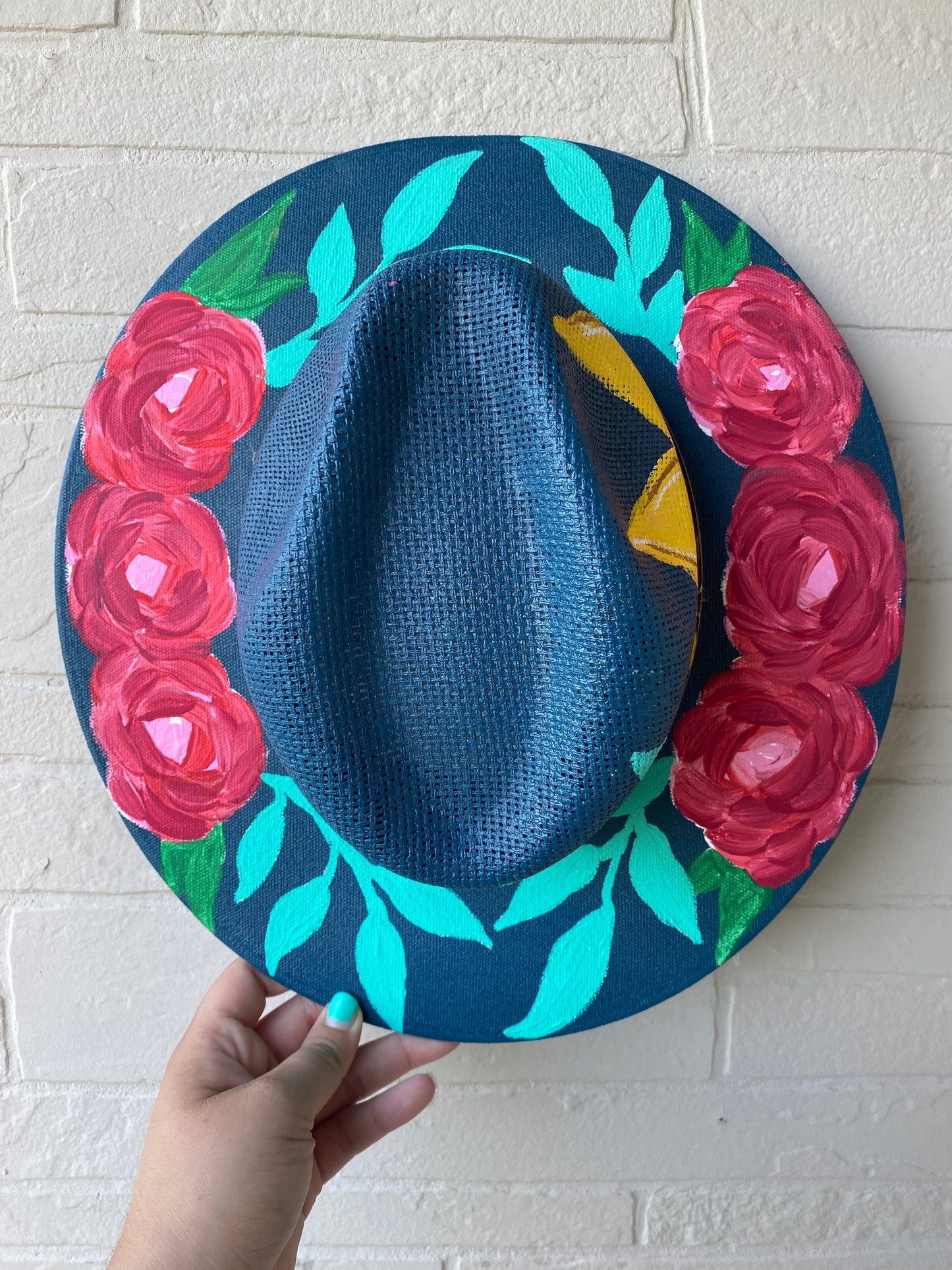 Hand-painted straw hat: Navy, Medium