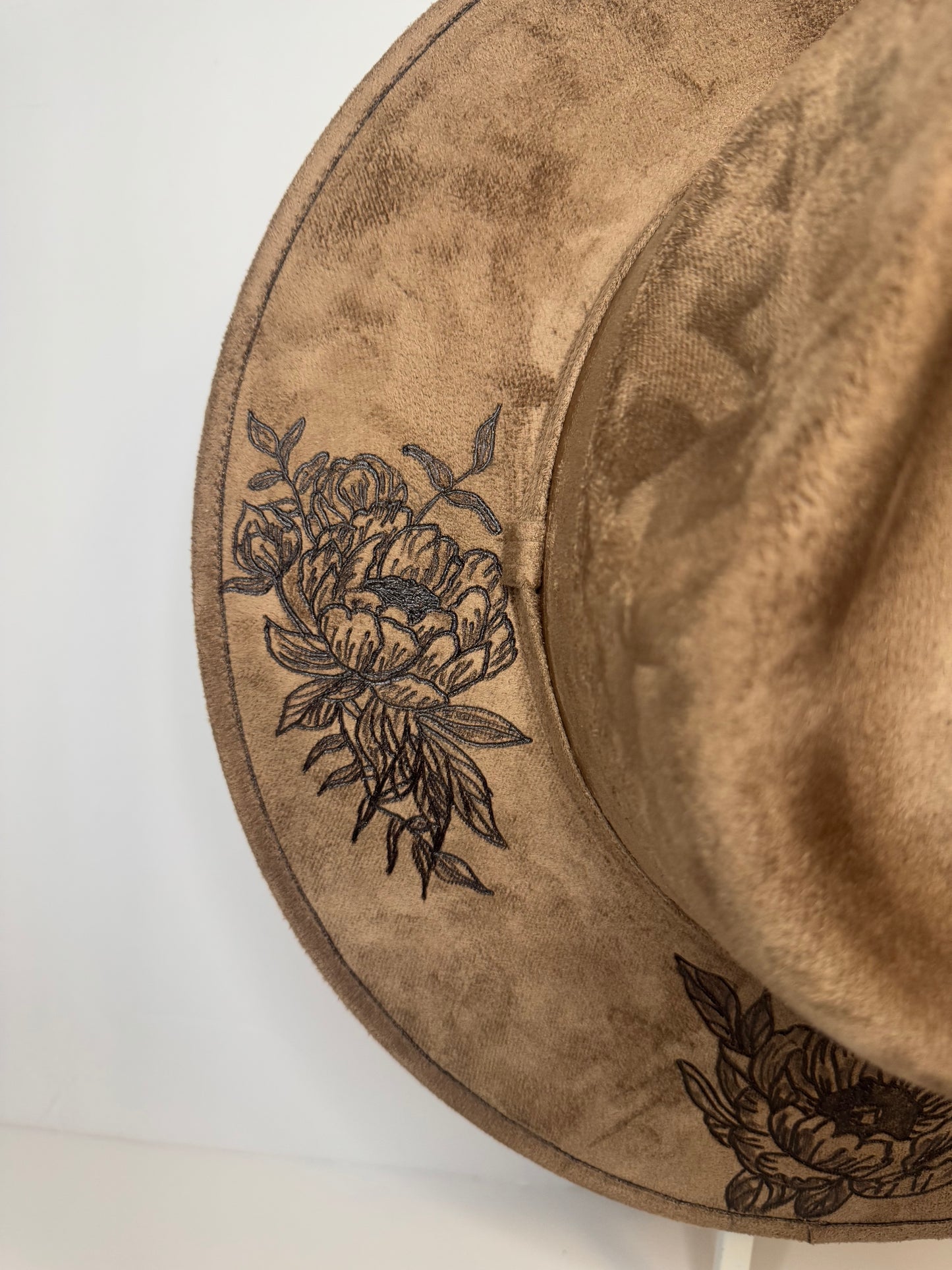 Hand Burned Faux Suede hat: Brown, Large