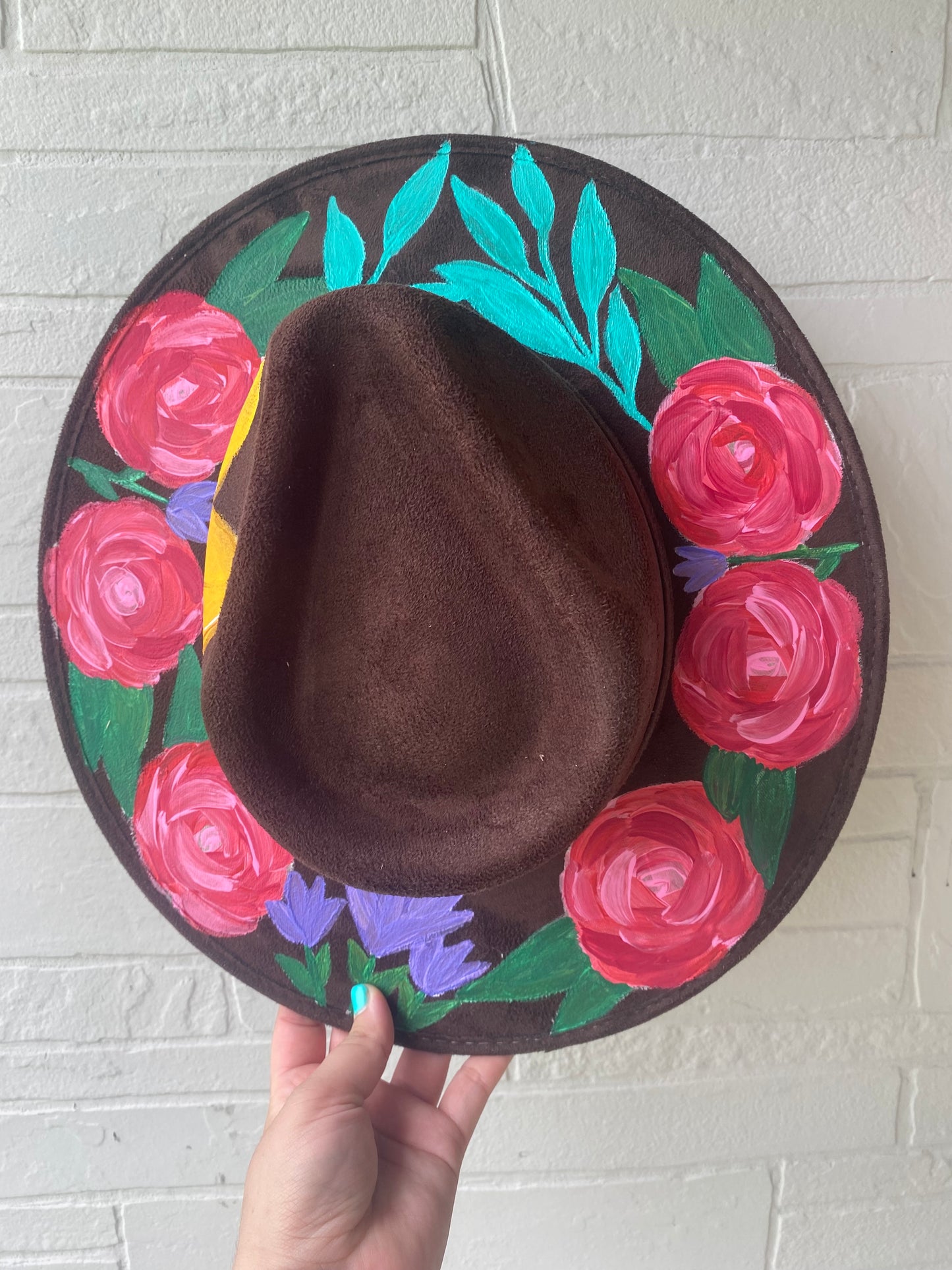 Hand-painted Faux Suede hat: Dark Brown, Large