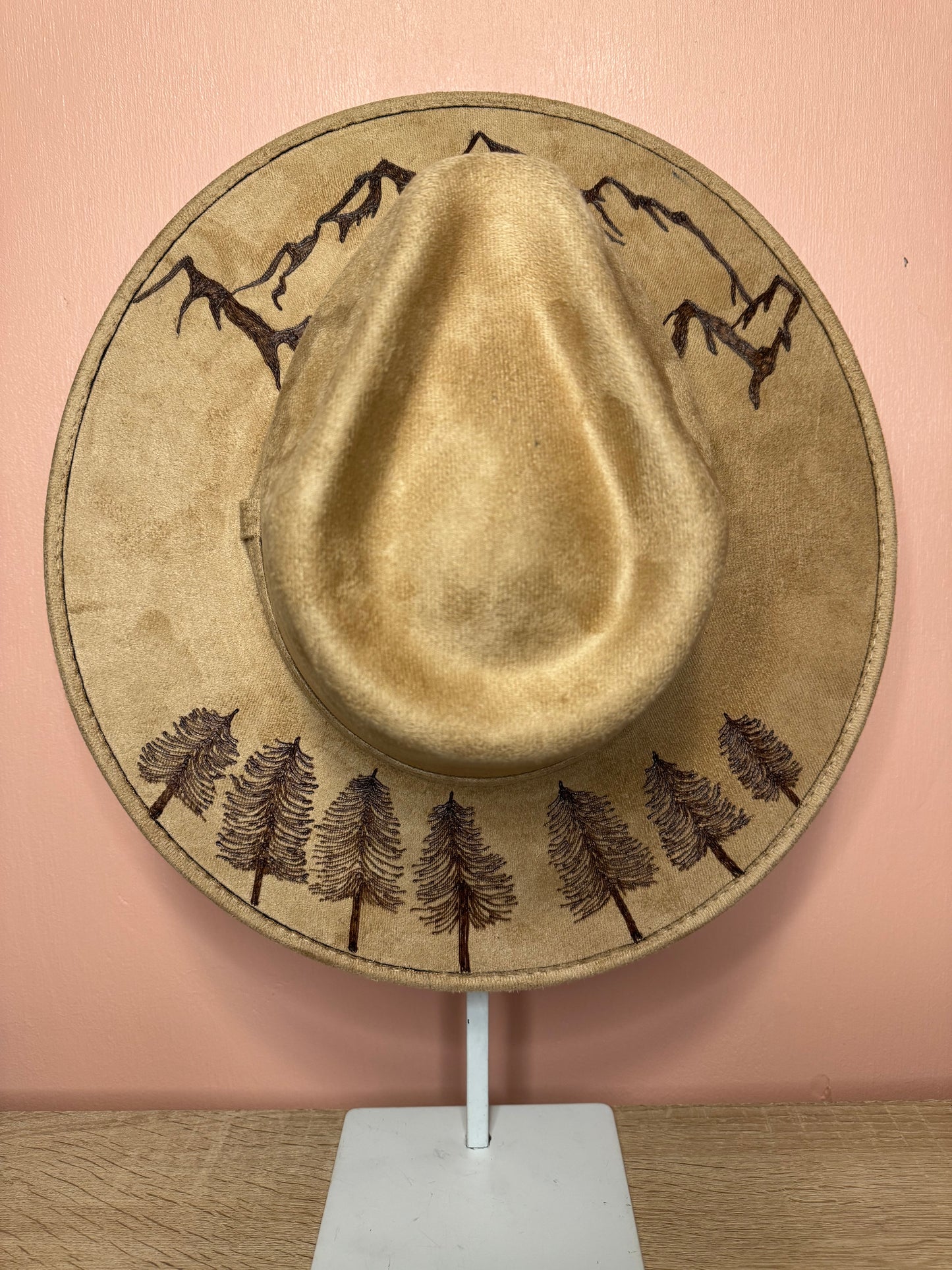 Hand Burned Faux Suede hat: Tan, Large-Mountains