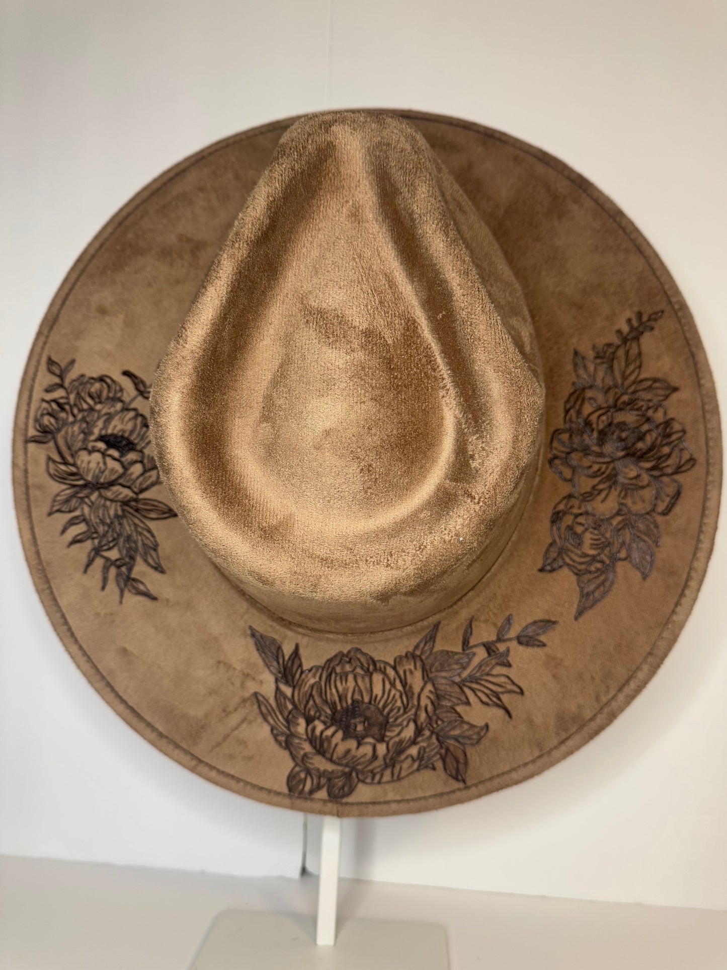 Hand Burned Faux Suede hat: Brown, Large