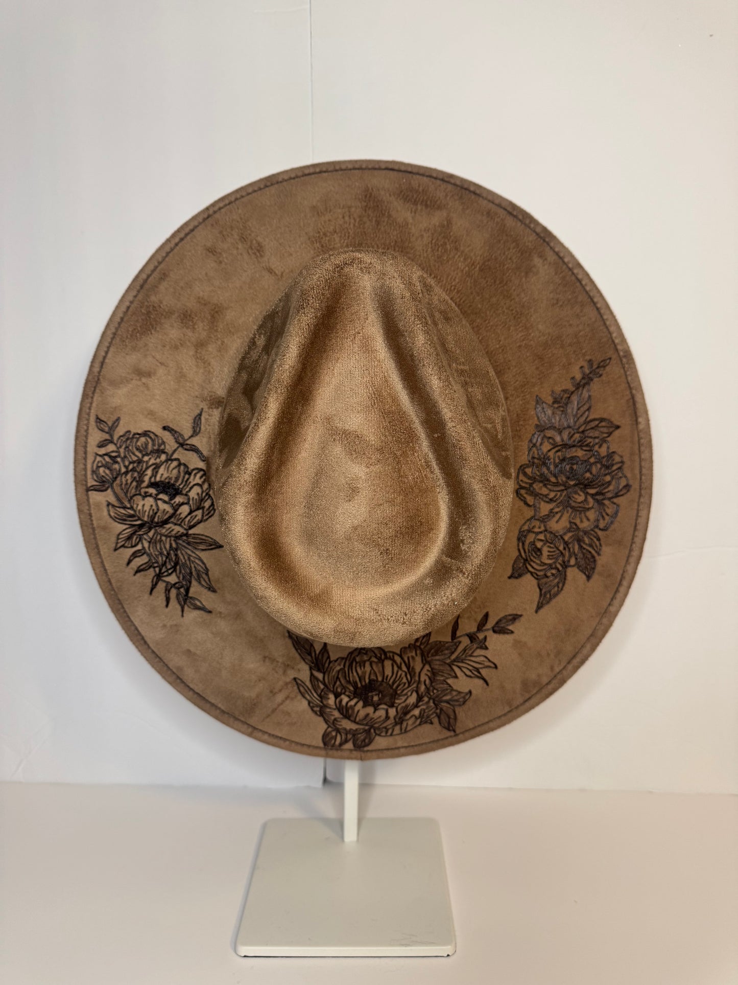 Hand Burned Faux Suede hat: Brown, Large