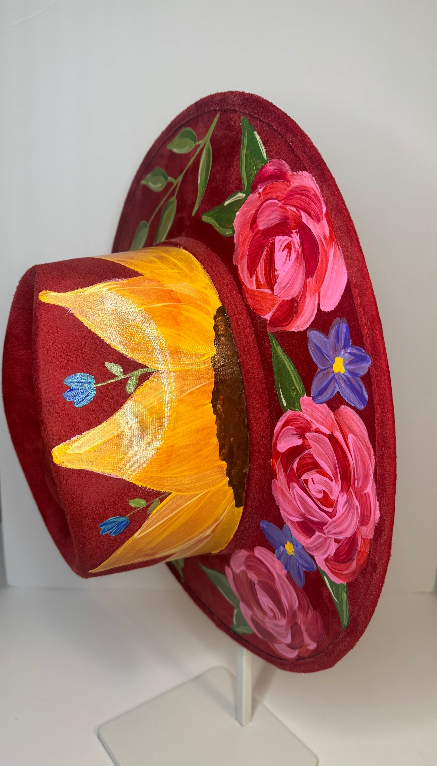 Hand-painted Faux Suede hat: Red, Large