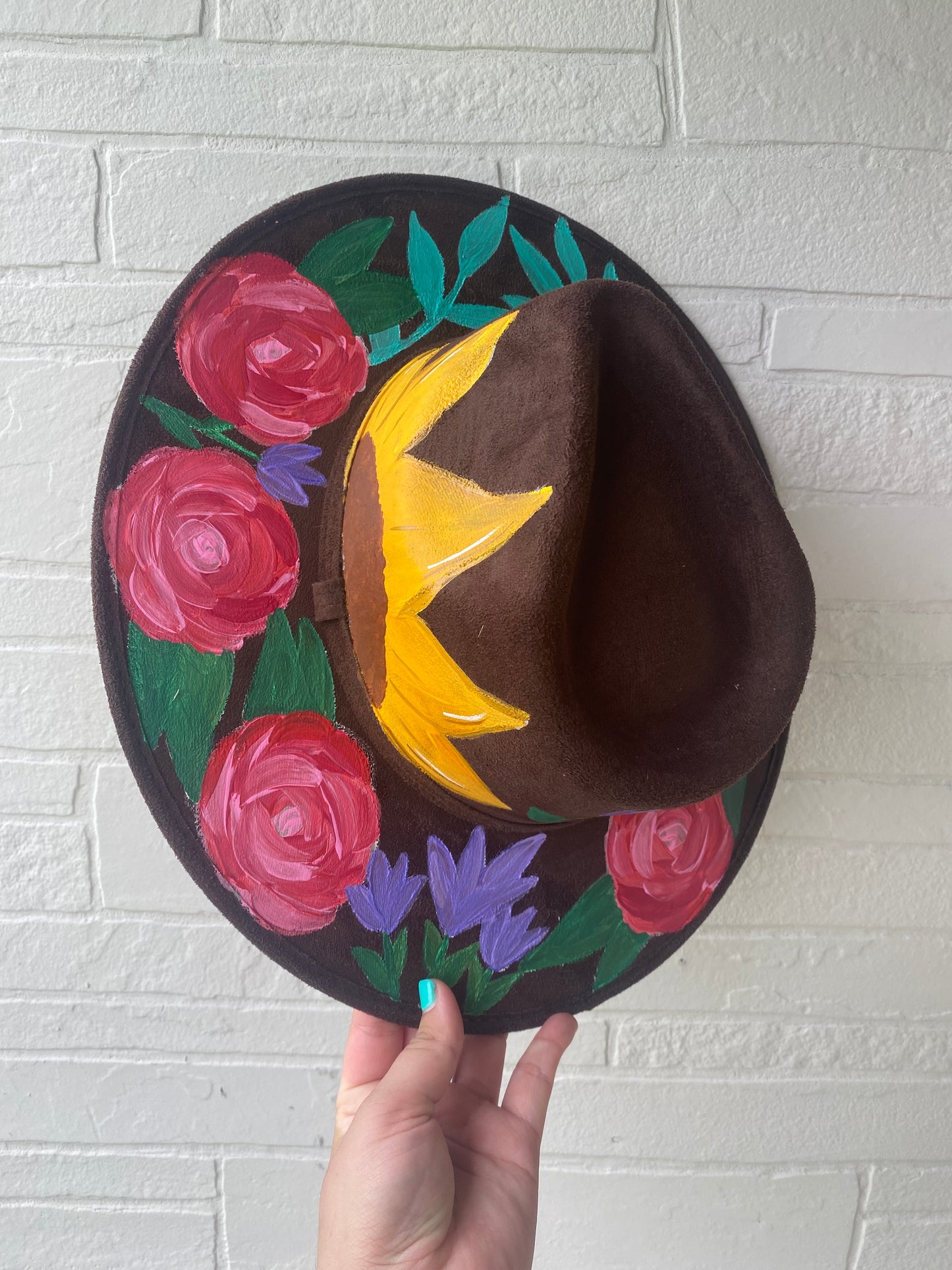 Hand-painted Faux Suede hat: Dark Brown, Large