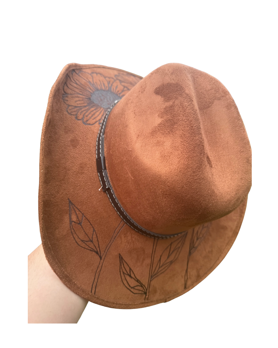 Hand Burned Faux Suede Texana cowboy hat: caramel, Large