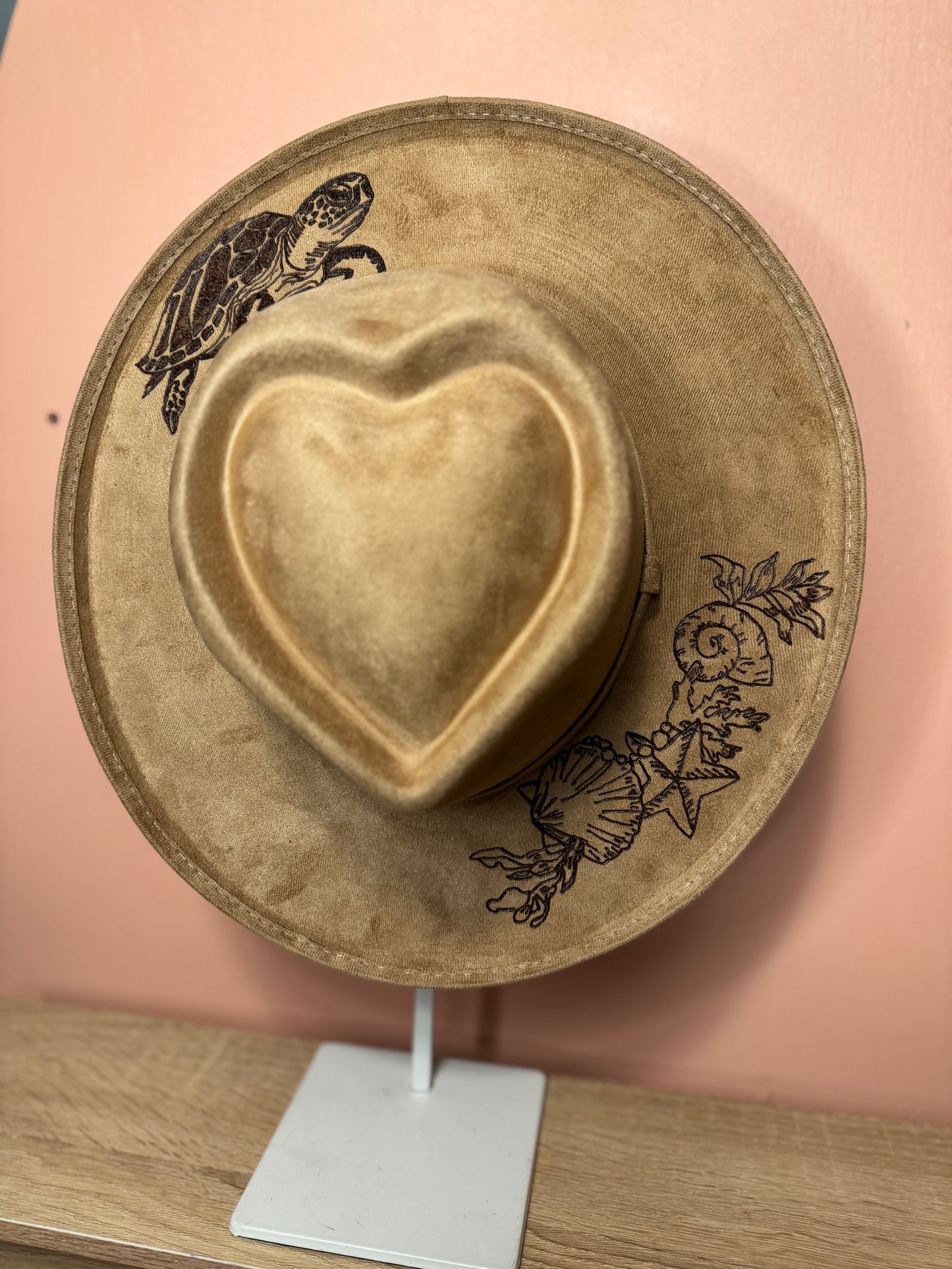 Hand Burned Faux Suede hat: Tan, Medium-Turtle with seashells