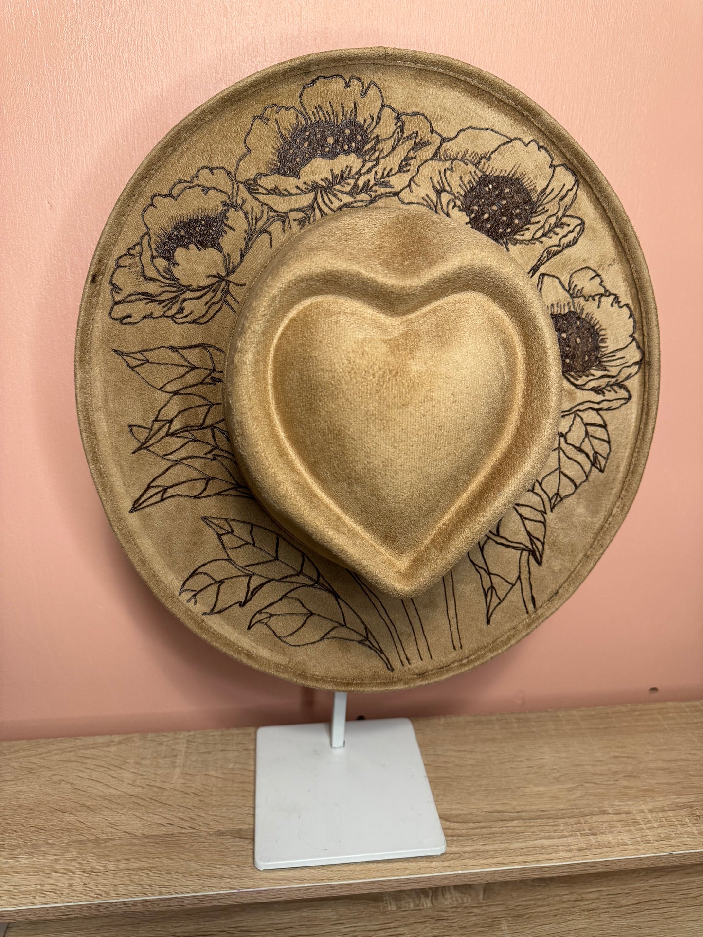 Hand Burned Faux Suede hat: Tan, Medium