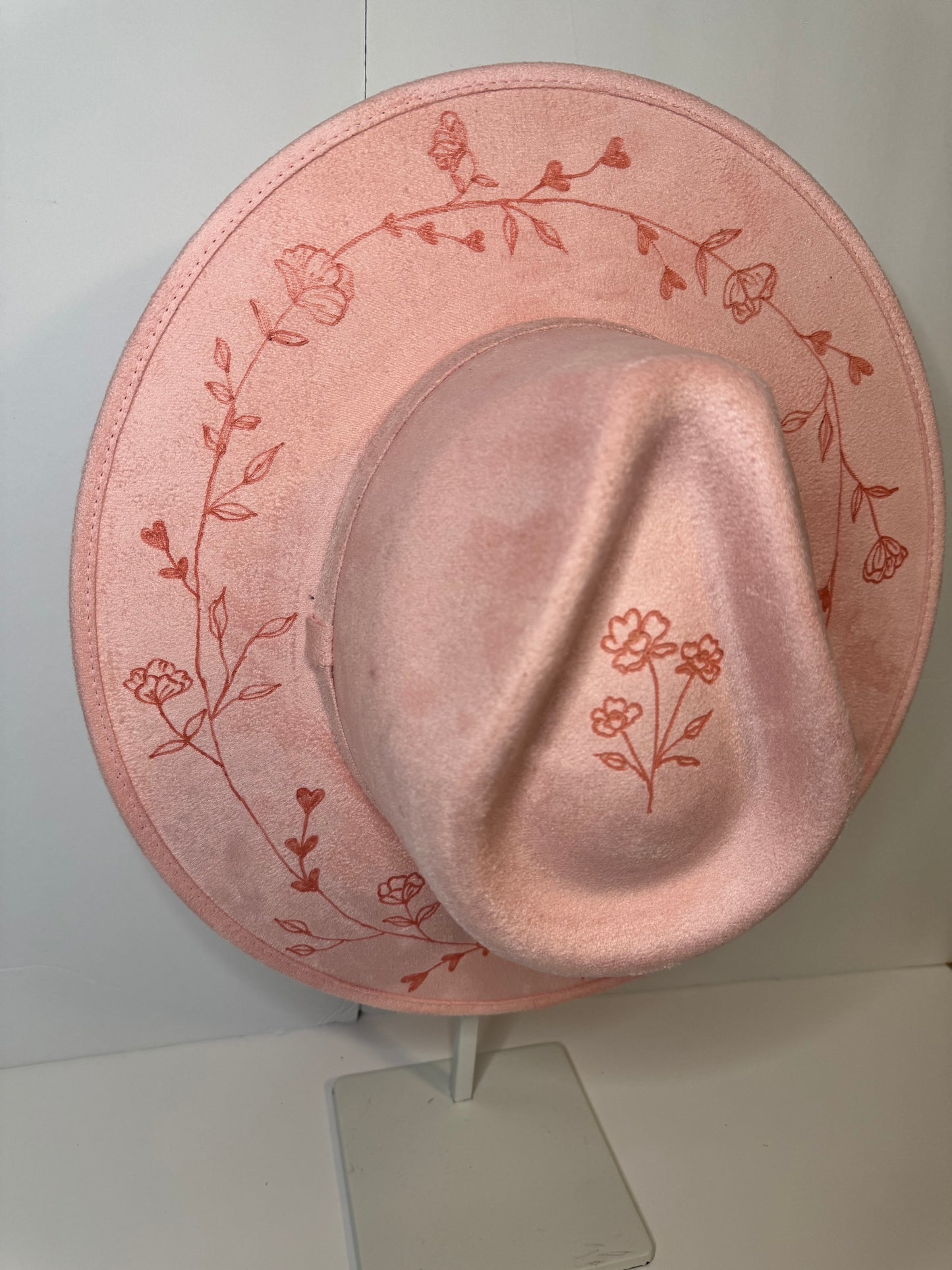 Hand Burned Faux Suede hat: pink, Large