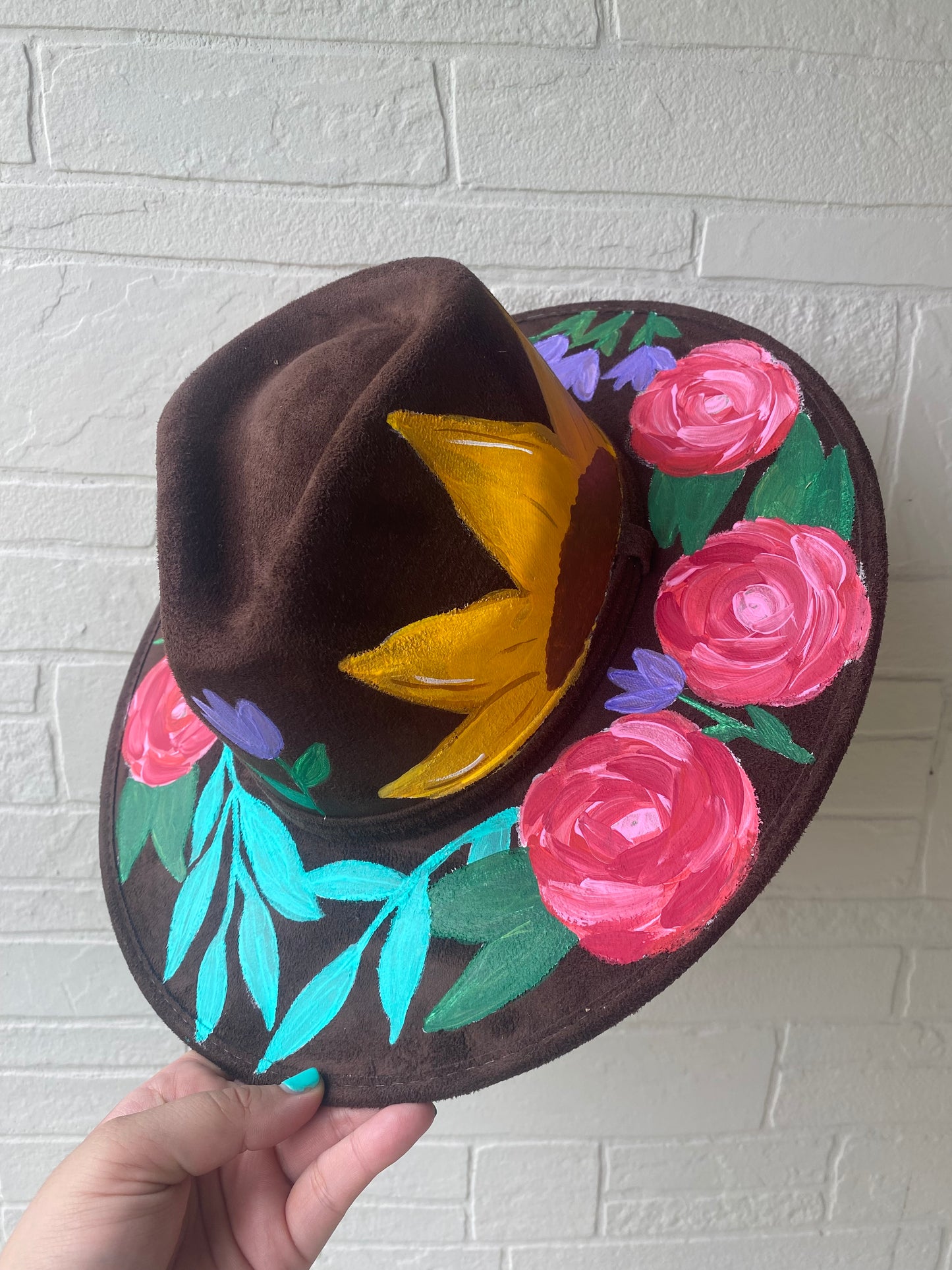 Hand-painted Faux Suede hat: Dark Brown, Large