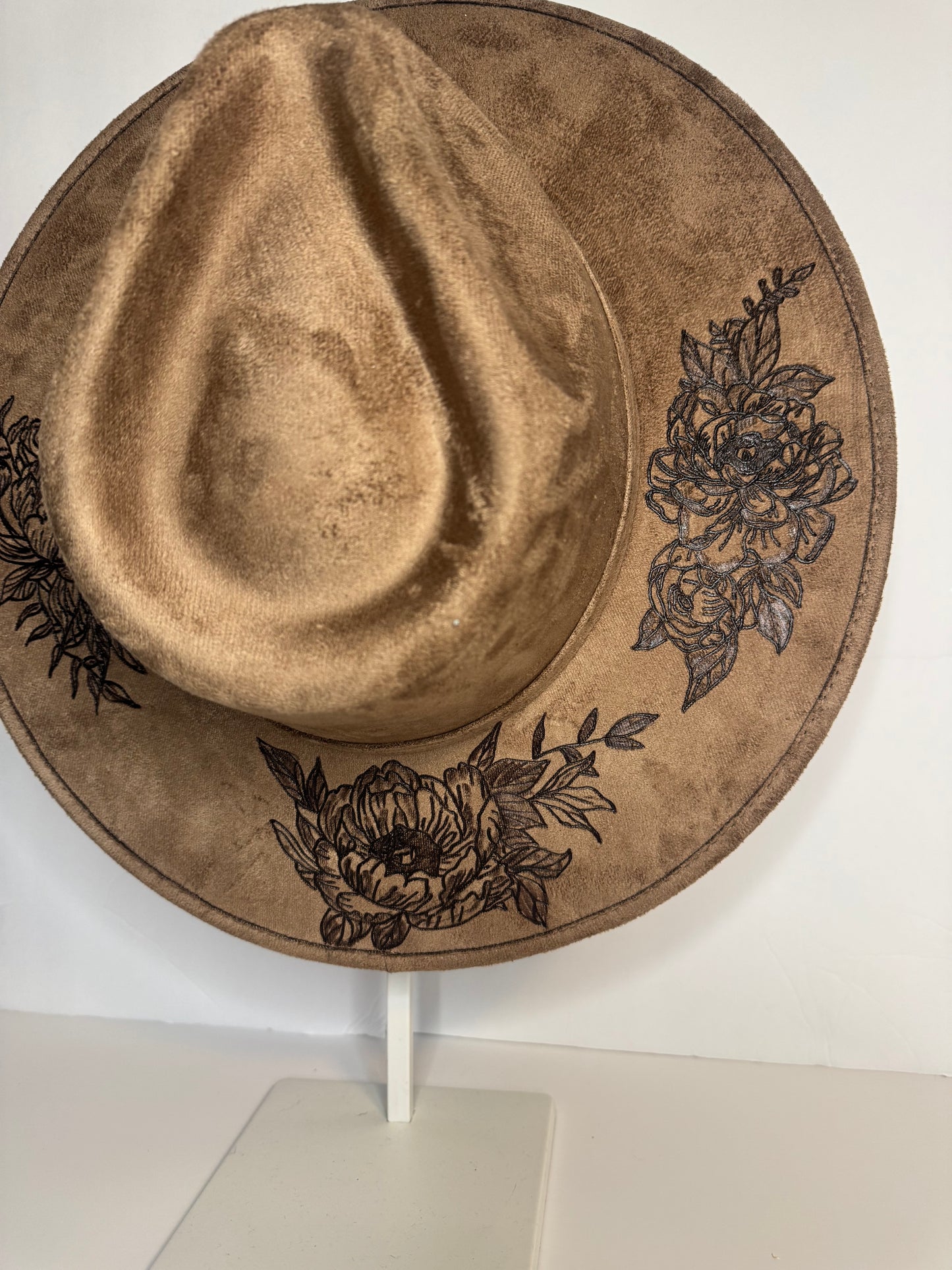 Hand Burned Faux Suede hat: Brown, Large