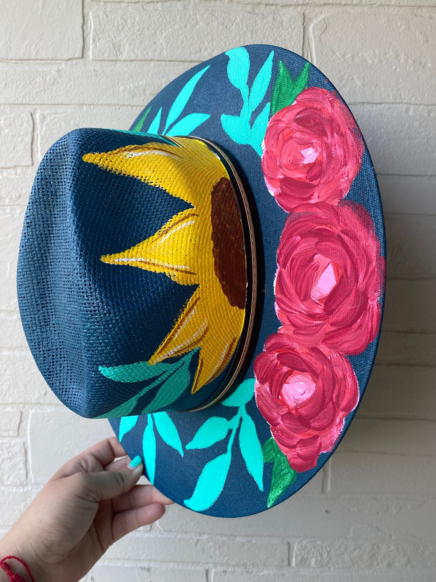 Hand-painted straw hat: Navy, Medium