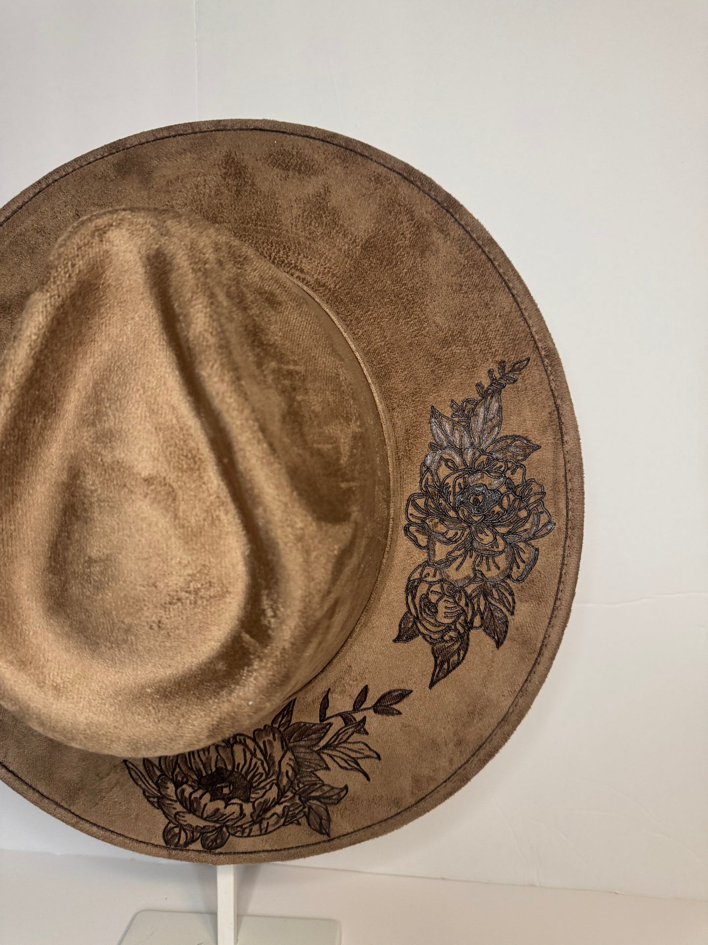 Hand Burned Faux Suede hat: Brown, Large