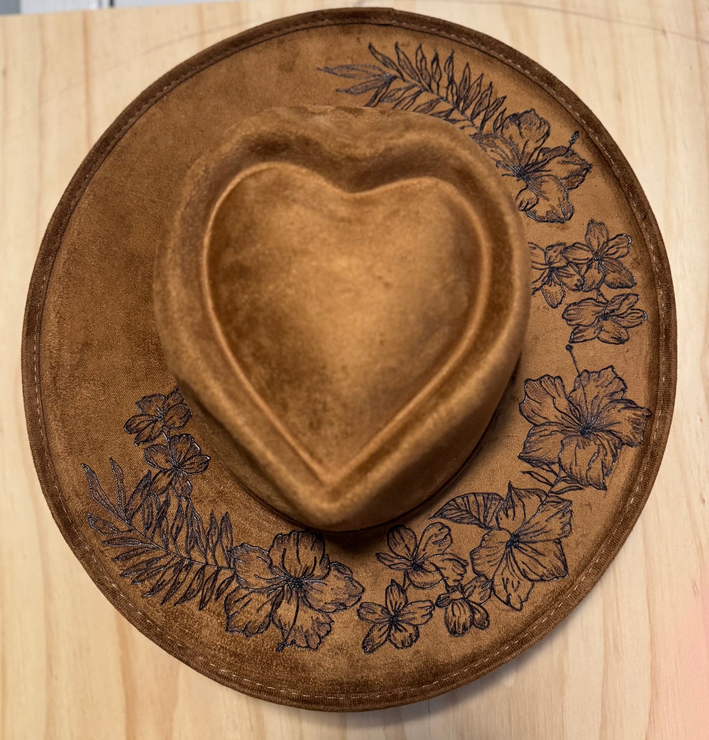 Hand Burned Faux Suede hat: Tobacco, Medium