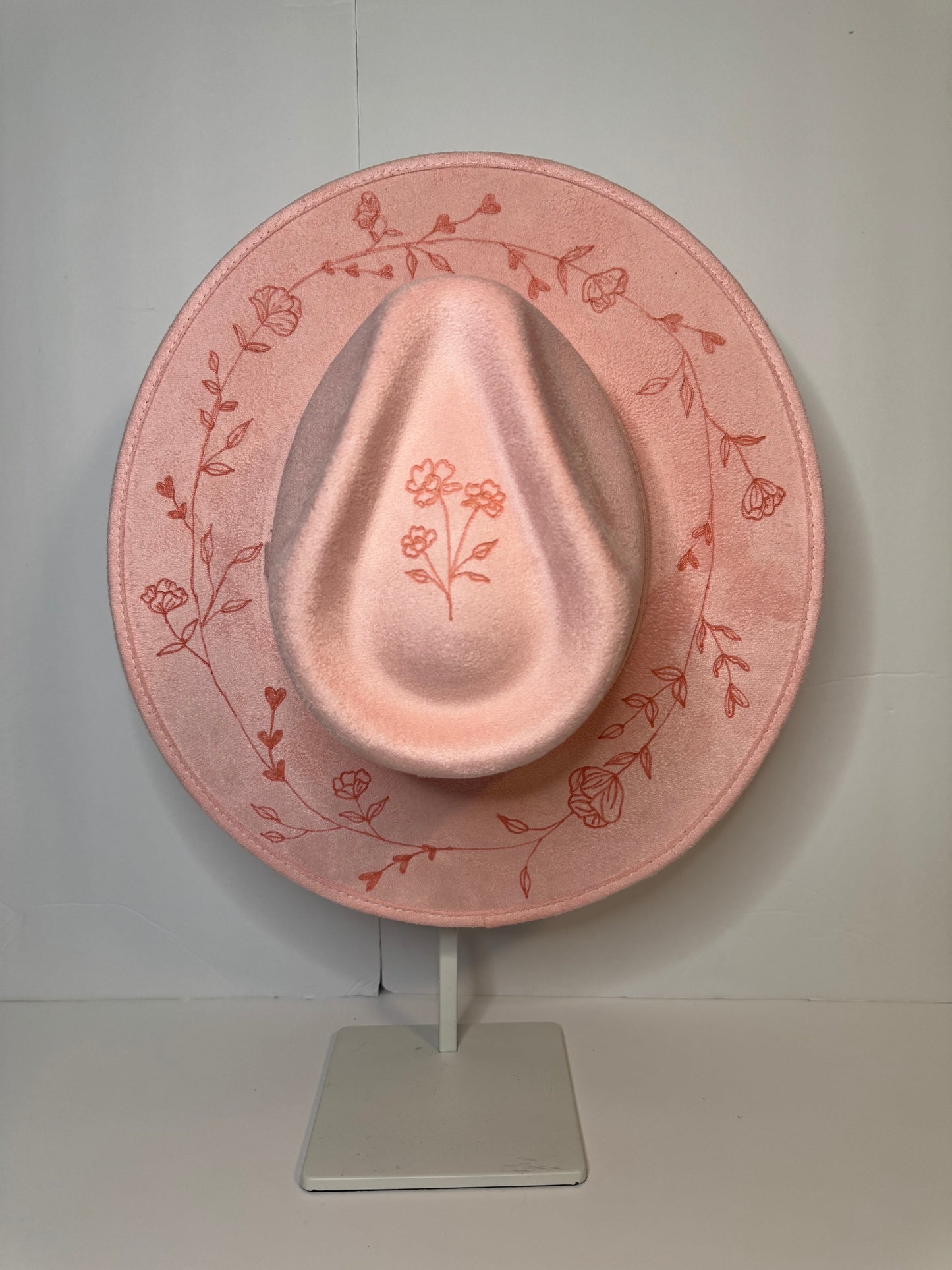 Hand Burned Faux Suede hat: pink, Large