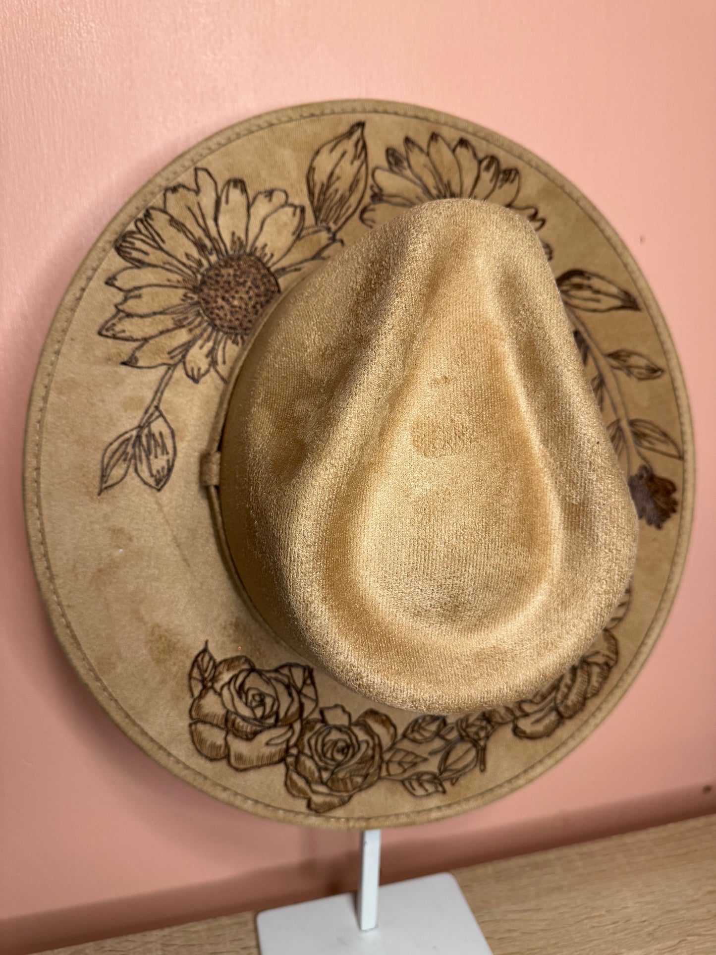 Hand Burned Faux Suede hat: Tan, Large-Sunflowers & Roses