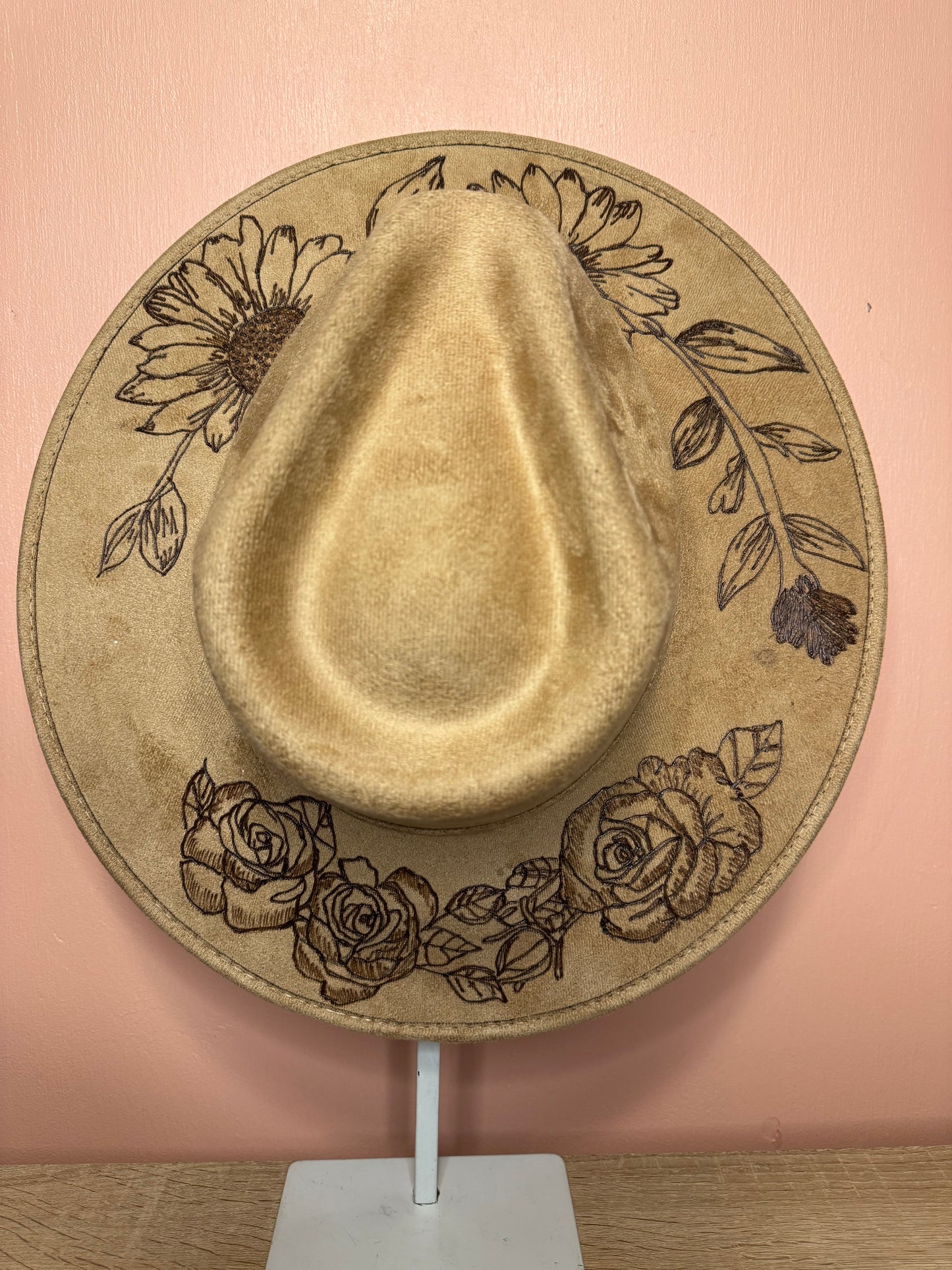 Hand Burned Faux Suede hat: Tan, Large-Sunflowers & Roses