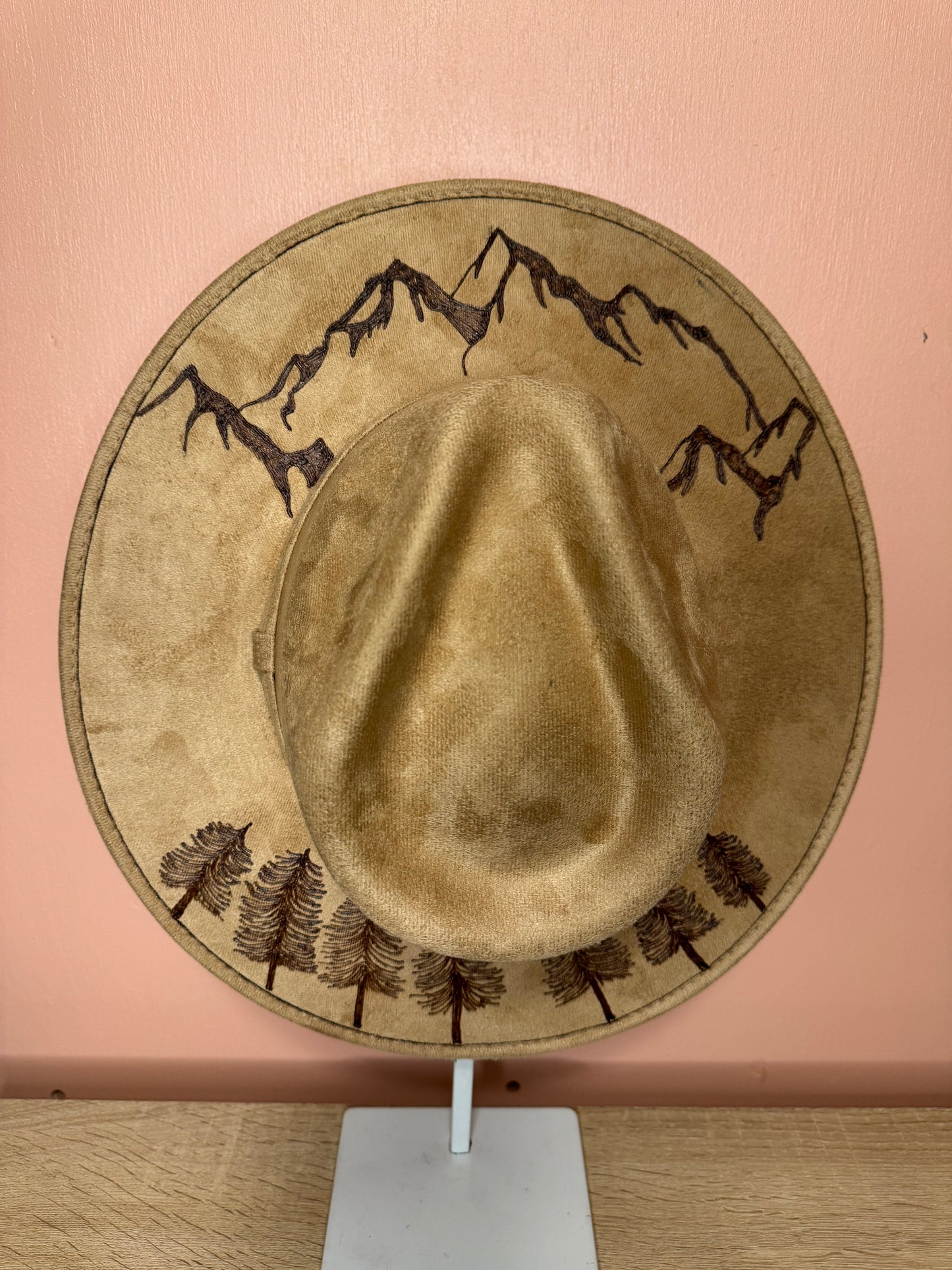 Hand Burned Faux Suede hat: Tan, Large-Mountains