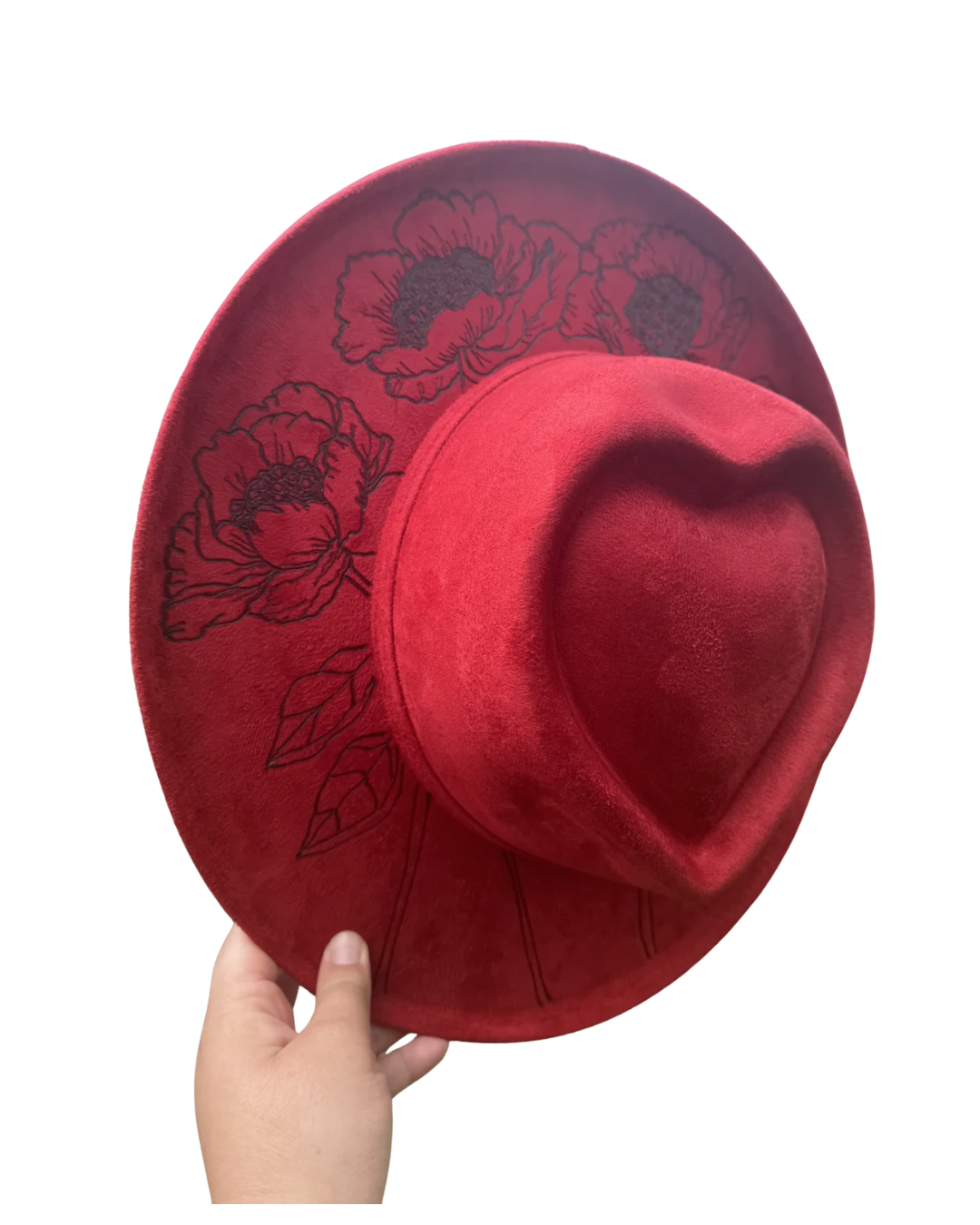 Hand Burned Faux Suede hat: Red, Medium