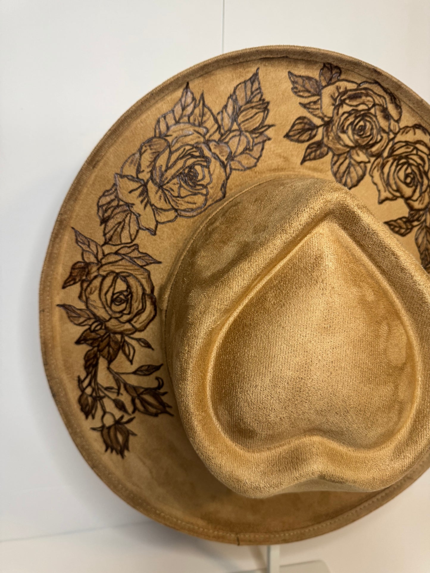 Hand Burned Faux Suede hat: Camel, Medium