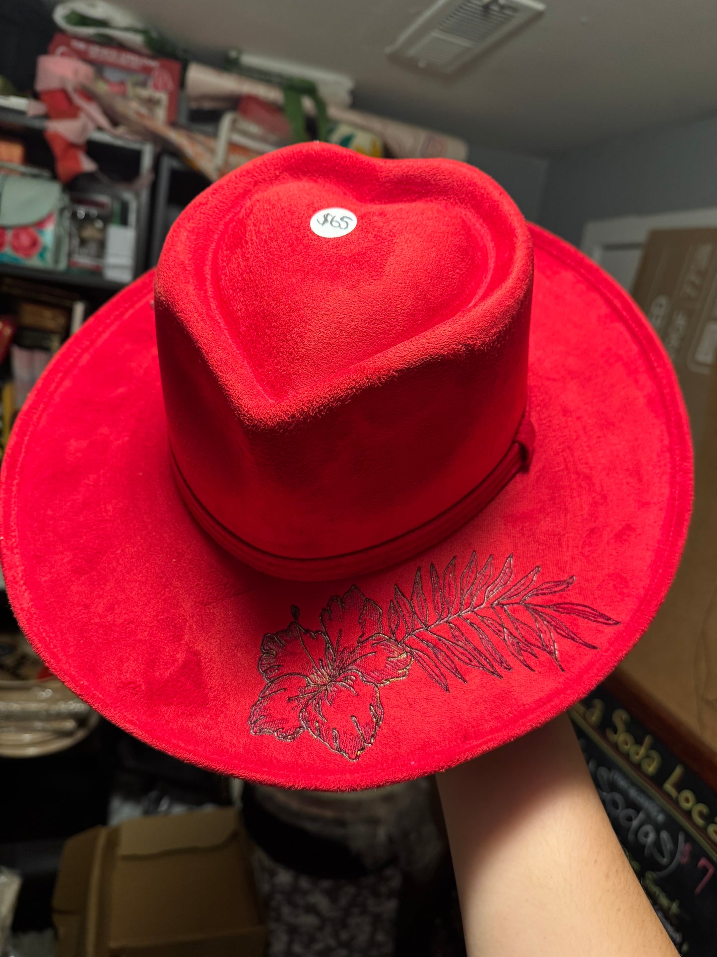 Hand Burned Faux Suede hat: Red, Medium
