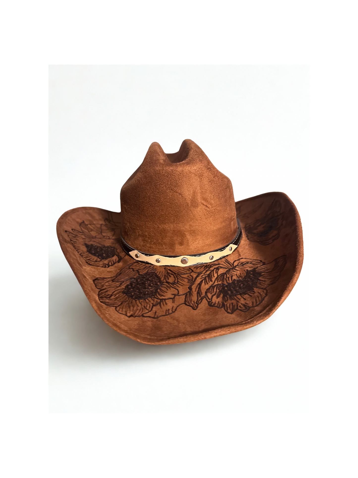 Hand Burned Faux Suede Texana cowboy hat: caramel, Large