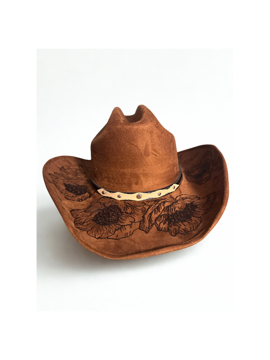 Hand Burned Faux Suede Texana cowboy hat: caramel, Large