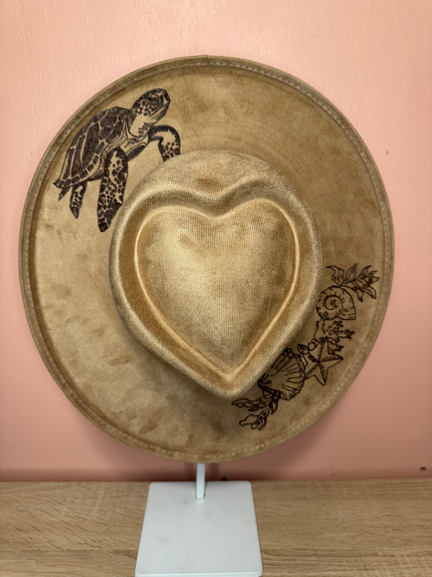 Hand Burned Faux Suede hat: Tan, Medium-Turtle with seashells
