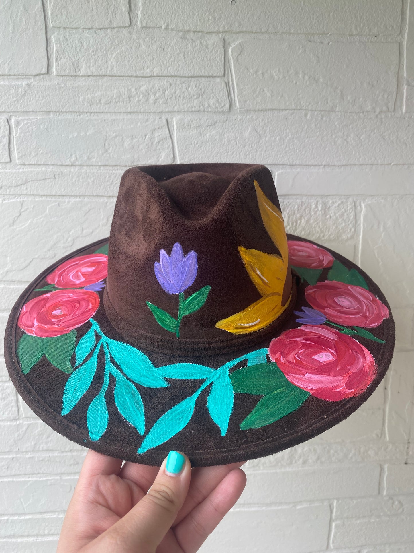 Hand-painted Faux Suede hat: Dark Brown, Large