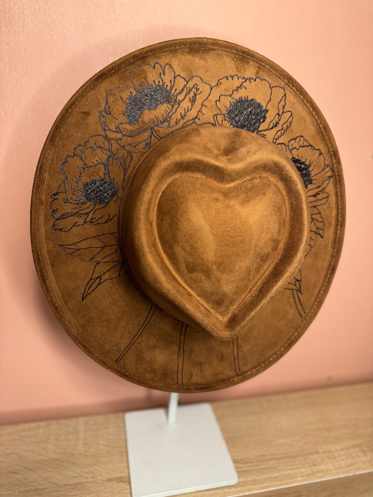 Hand Burned Faux Suede hat: Tobacco, Medium