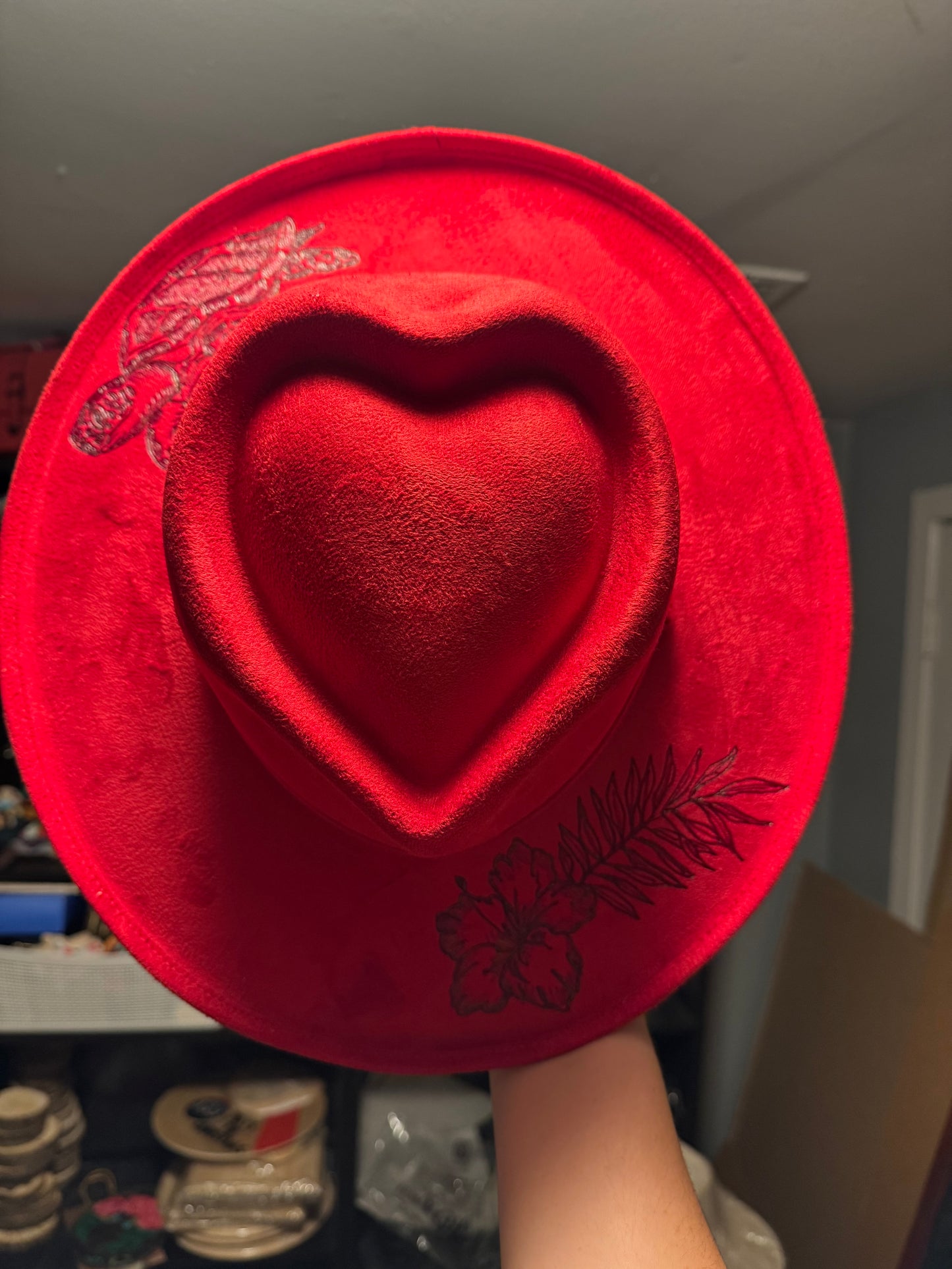 Hand Burned Faux Suede hat: Red, Medium