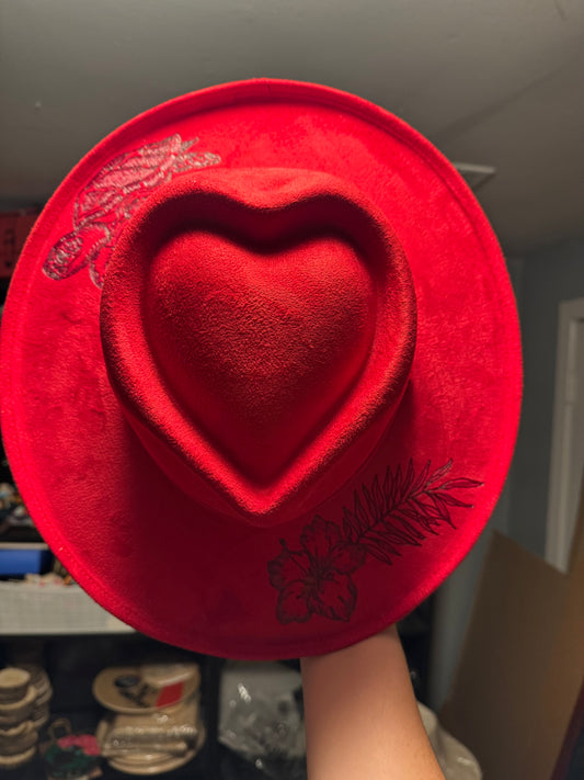 Hand Burned Faux Suede hat: Red, Medium