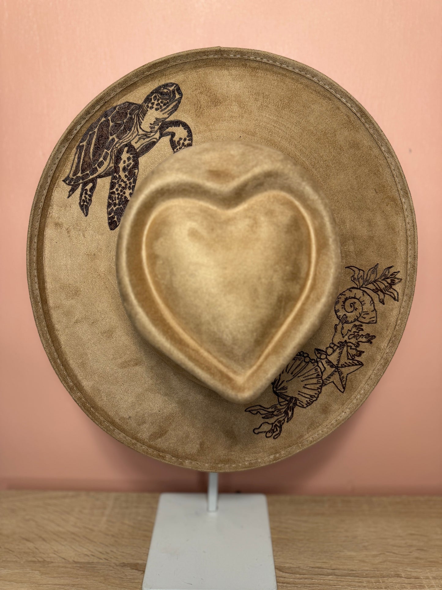 Hand Burned Faux Suede hat: Tan, Medium-Turtle with seashells