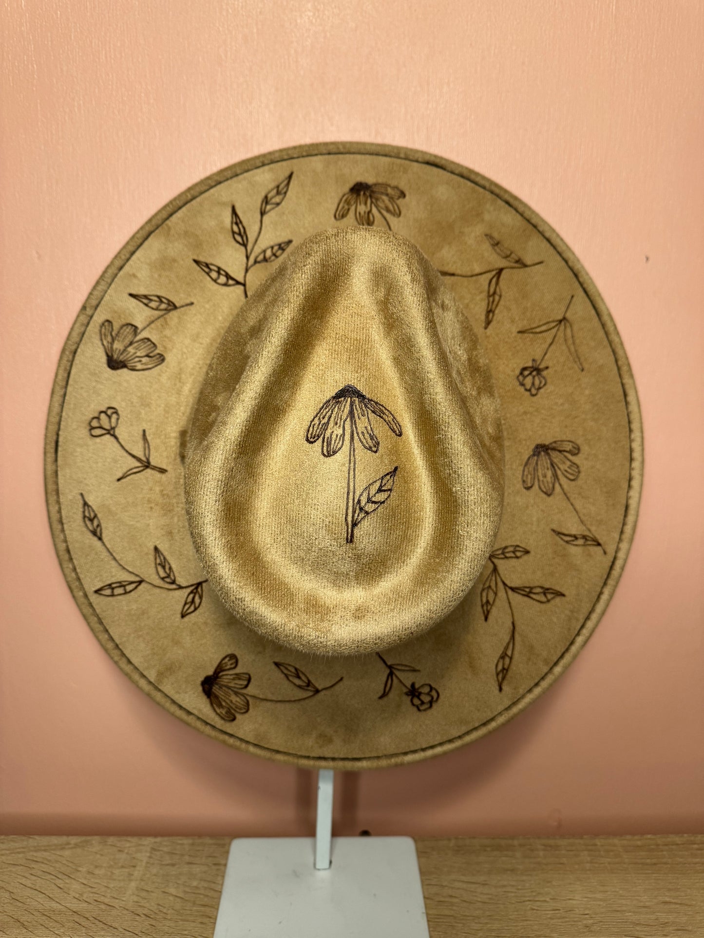 Hand Burned Faux Suede hat: Tan, Large-Dainty flowers