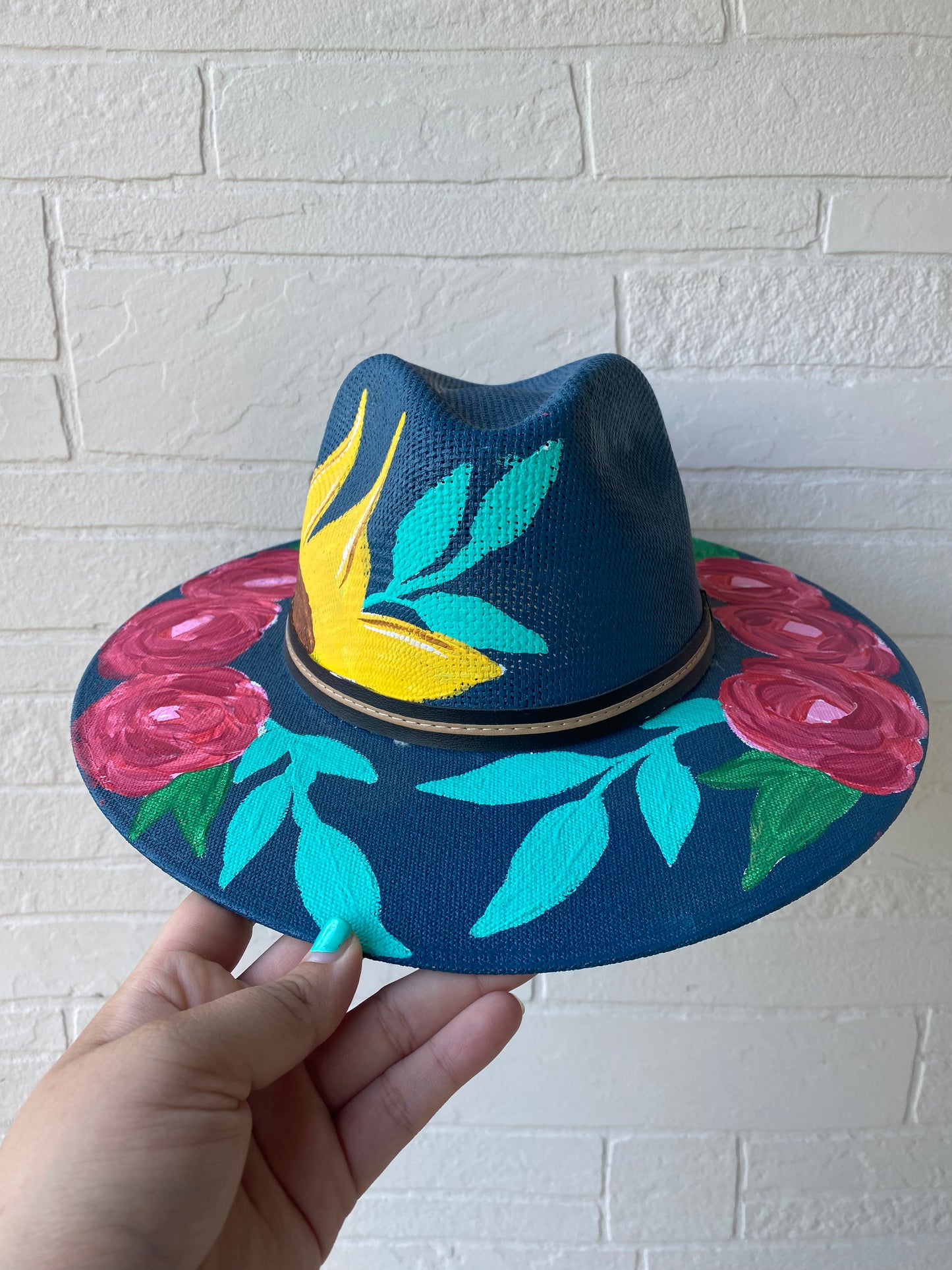 Hand-painted straw hat: Navy, Medium