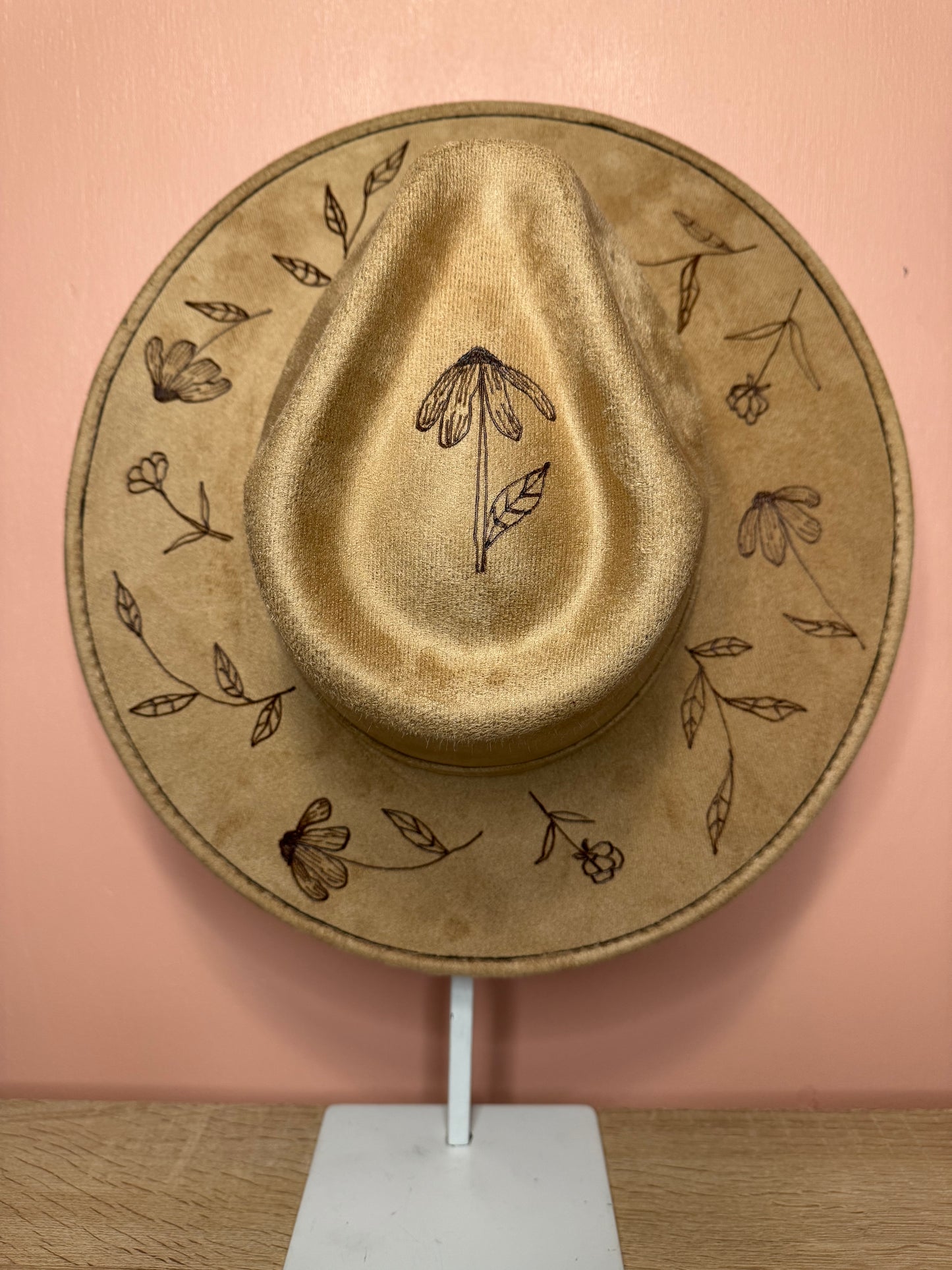 Hand Burned Faux Suede hat: Tan, Large-Dainty flowers