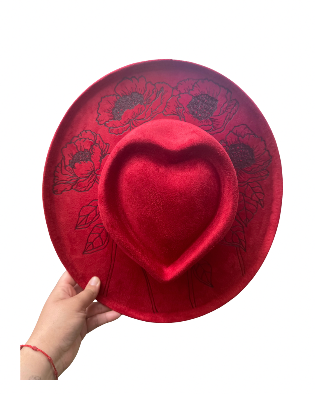 Hand Burned Faux Suede hat: Red, Medium