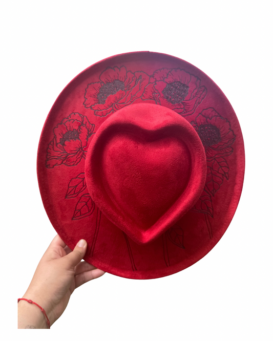 Hand Burned Faux Suede hat: Red, Medium
