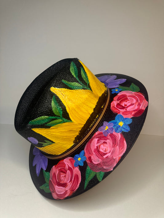 Hand-painted straw hat: Black, Large