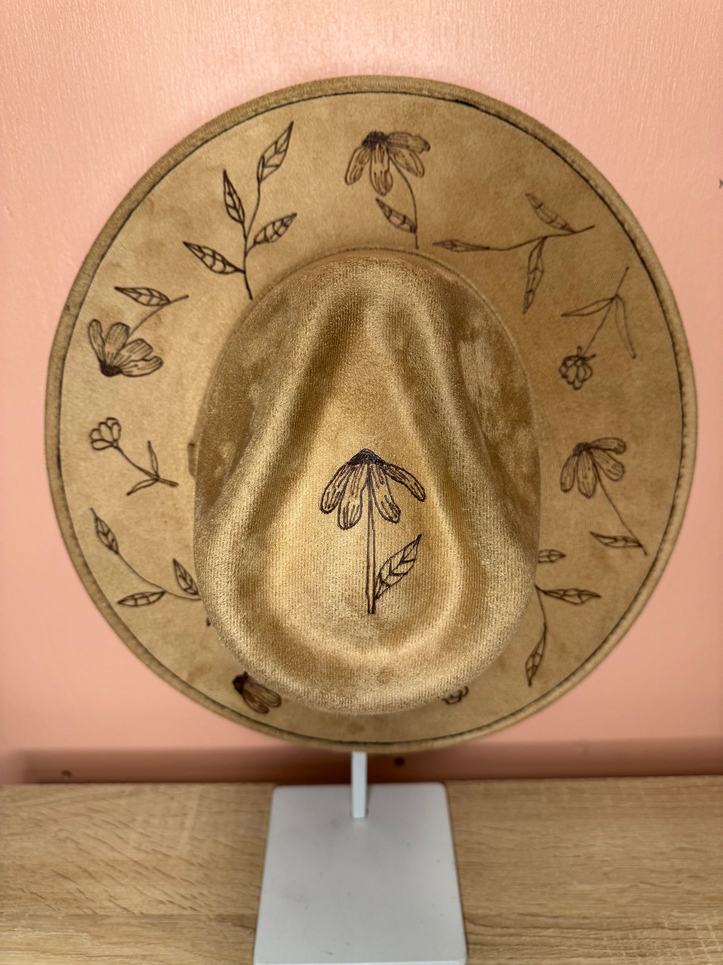 Hand Burned Faux Suede hat: Tan, Large-Dainty flowers