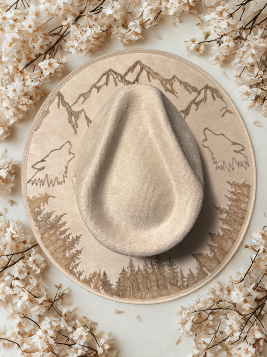 Hand Burned Faux Suede hat: ivory, Large-mountains 2