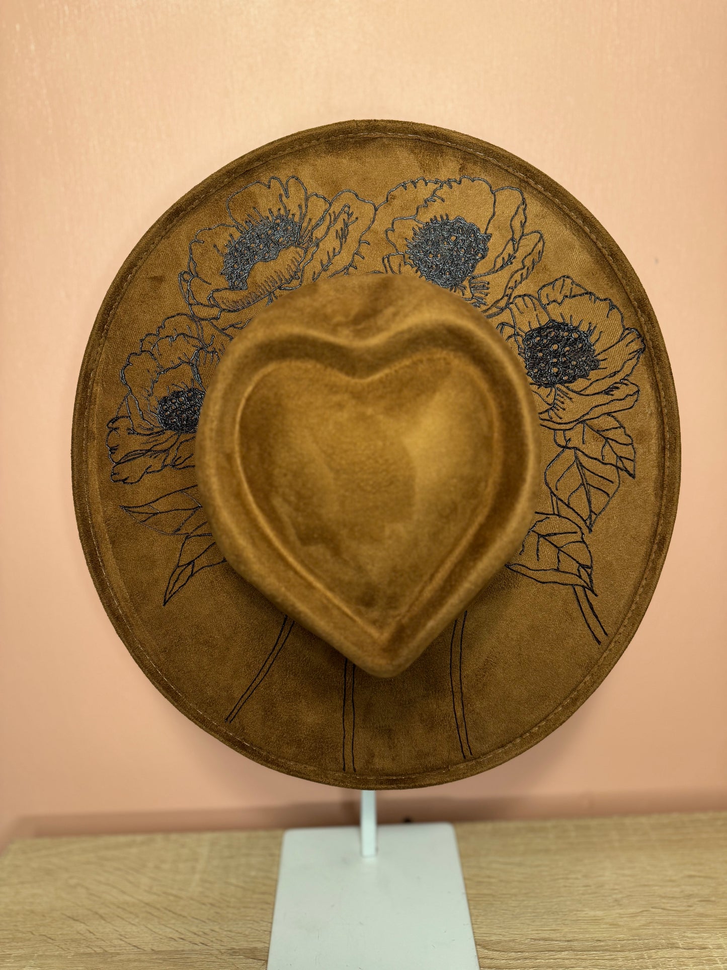 Hand Burned Faux Suede hat: Tobacco, Medium