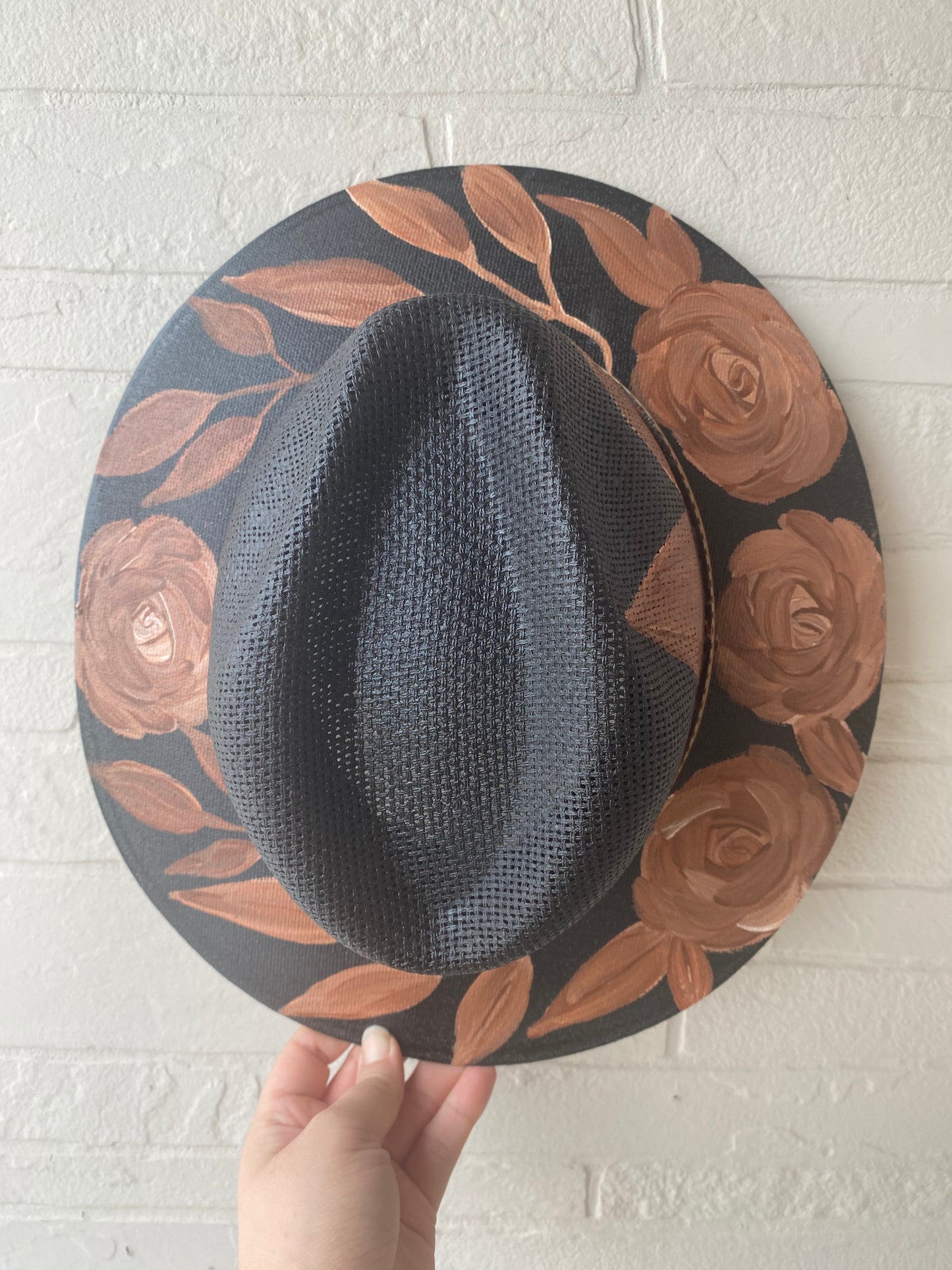 Hand-painted straw hat: Black w Brown Flowers, X-Large