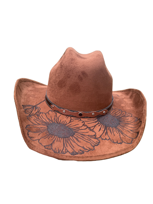 Hand Burned Faux Suede Texana cowboy hat: caramel, Large